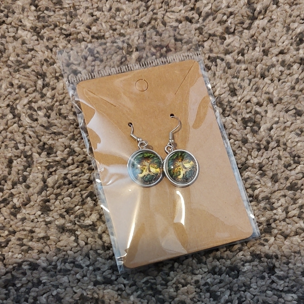 Silver and Green Tree Of Life Dangle Earrings